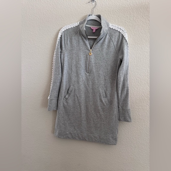 Lilly Pulitzer Skipper Solid Popover Dress Heathered Seaside Grey Lace Size XS - Picture 2 of 15